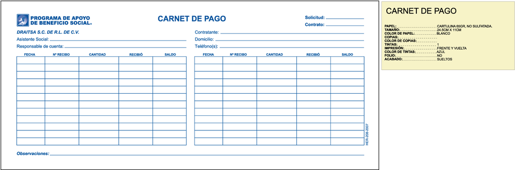 CARNET DE PAGO DRAISTA TINTA AZUL
