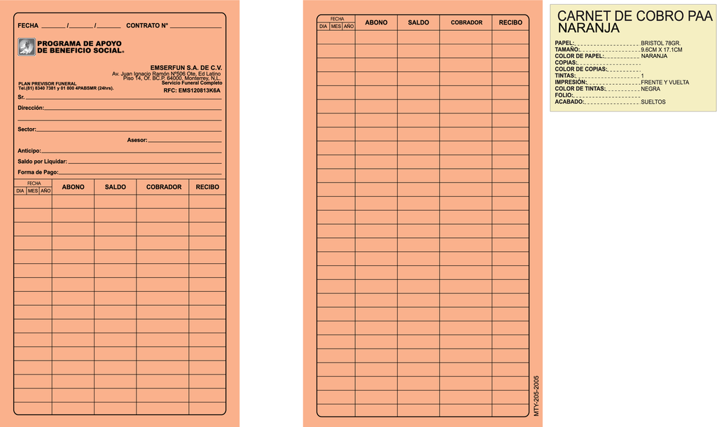 CARNET DE PAGO NARANJA TINTA NEGRA