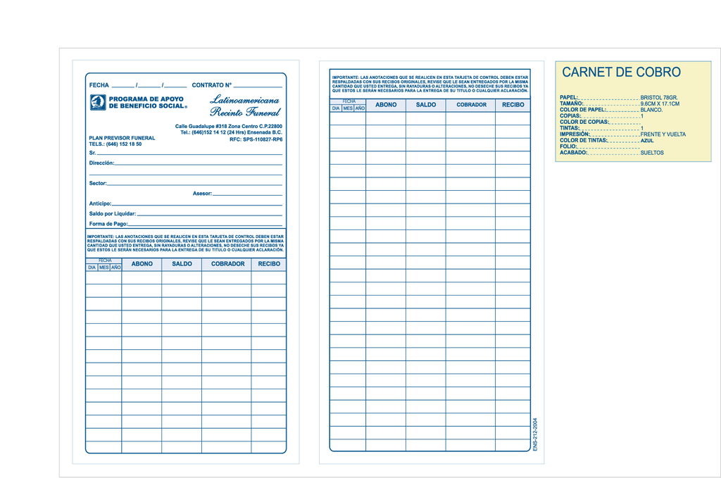 CARNET DE PAGO TINTA AZUL