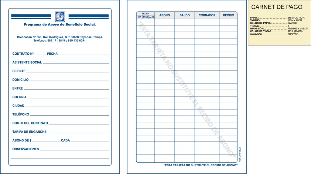 CARNET DE PAGO TINTA AZUL
