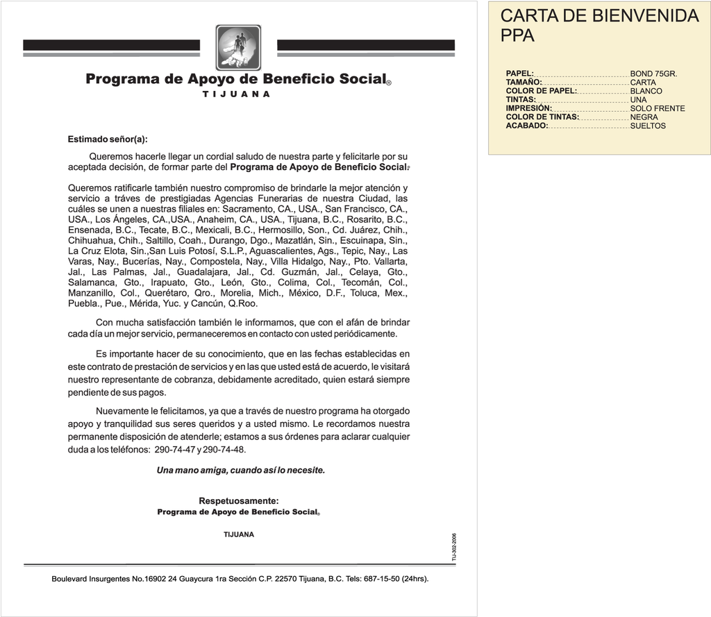 CARTA DE BIENVENIDA