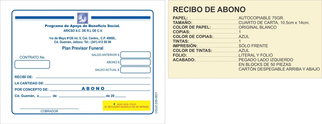 RECIBO DE ABONO ARICSO TINTA AZUL