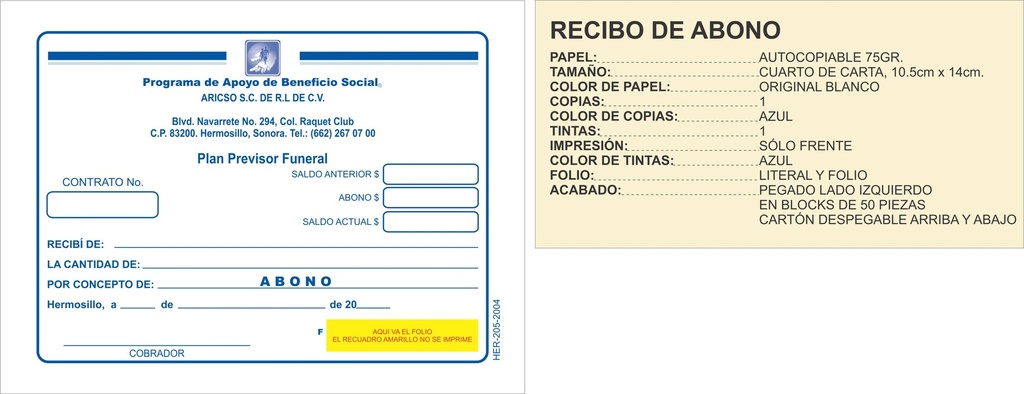 RECIBO DE ABONO ARICSO TINTA AZUL