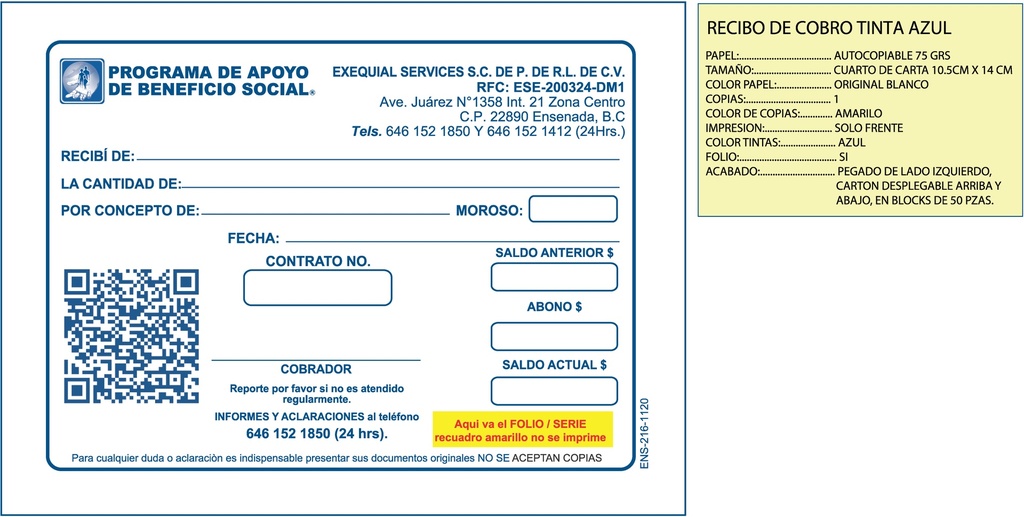 RECIBO DE ABONO EXEQUIAL TINTA AZUL