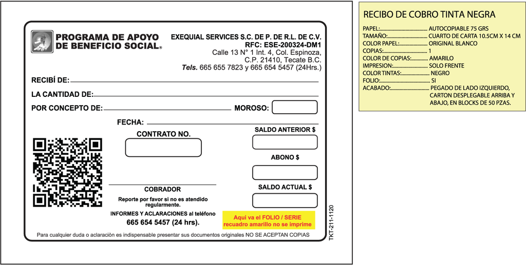 RECIBO DE ABONO EXEQUIAL TINTA NEGRA