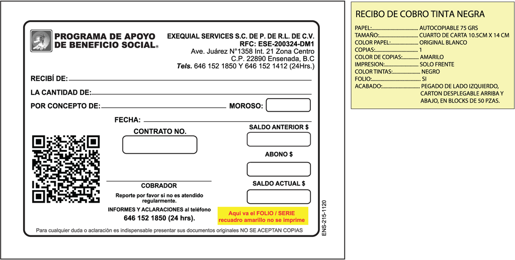 RECIBO DE ABONO EXEQUIAL TINTA NEGRA