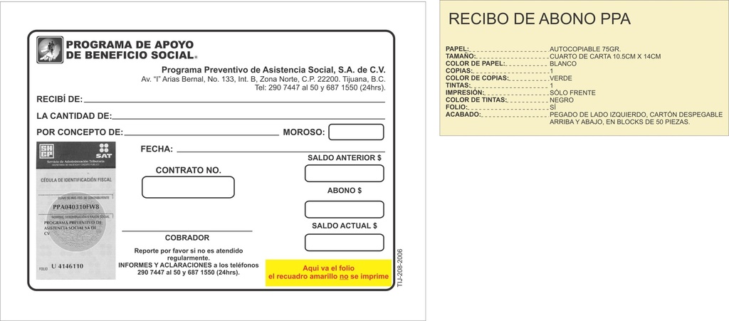 RECIBO DE ABONO PPA TINTA NEGRA