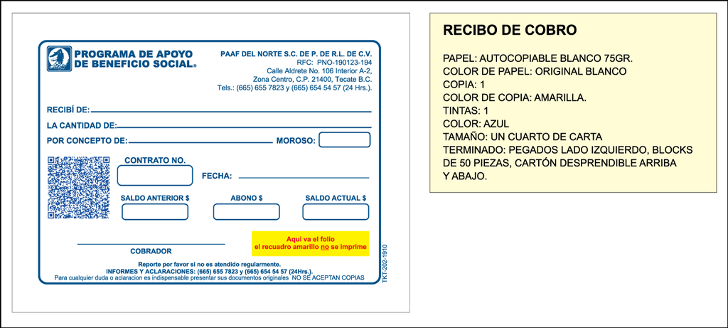 RECIBO DE COBRO PAAF DEL NORTE TINTA AZUL
