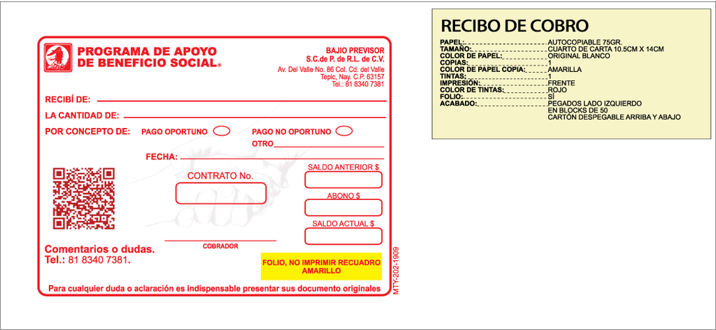 RECIBO DE COBRO PREVISOR BAJIO ROJO