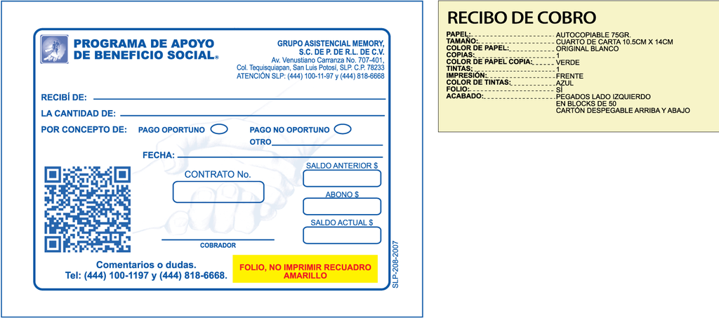 RECIBO DE COBRO PREVISOR TINTA AZUL