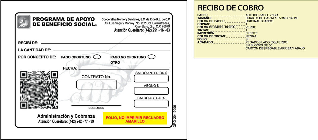 RECIBO DE COBRO PREVISOR TINTA NEGRA
