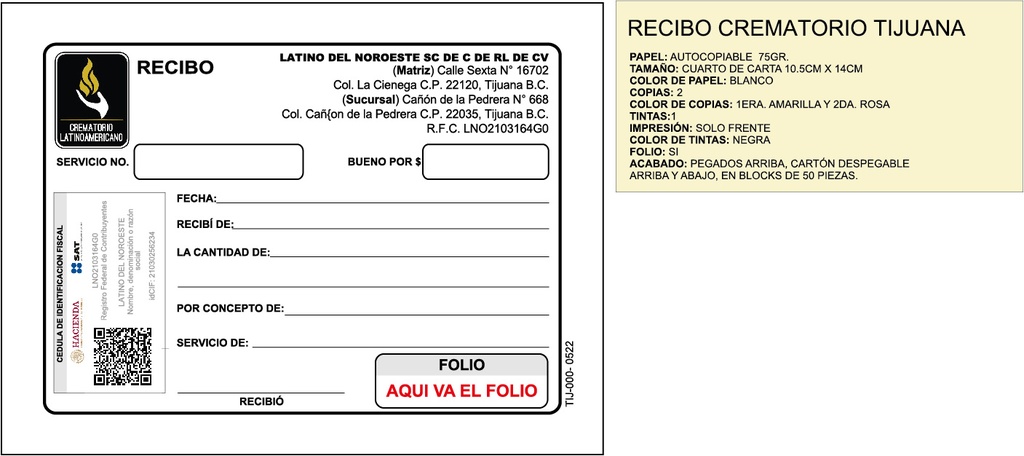 RECIBO DE CREMATORIO LATINO DEL NOROESTE