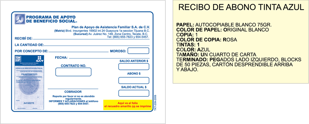 RECIBOS DE ABONO TINTA AZUL
