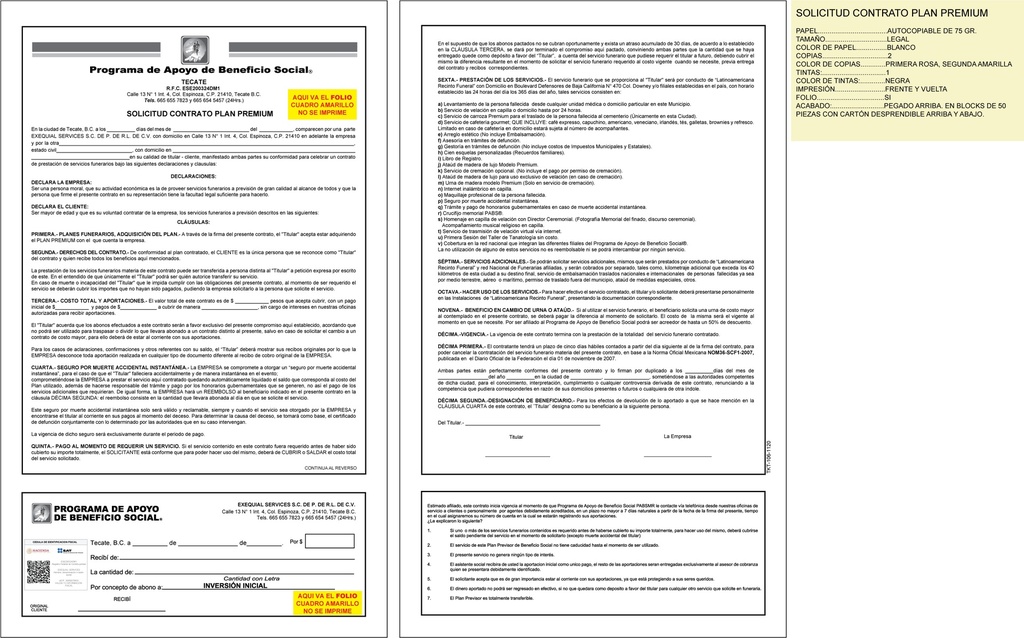SOLICITUD CONTRATO PLAN PREMIUM EXEQUIAL TINTA NEGRA