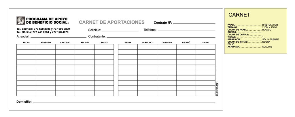 CARNET DE PAGO CUERNAVACA 21X10