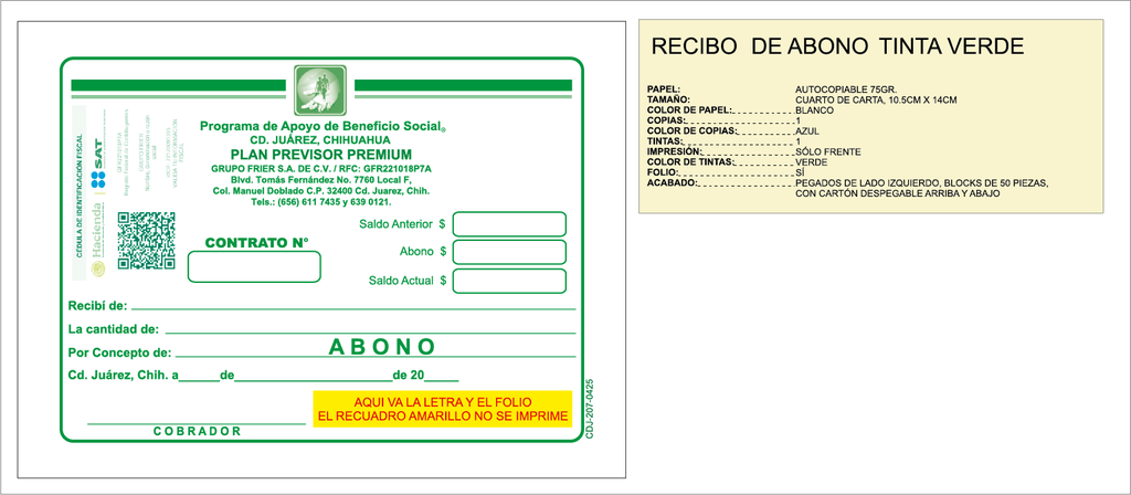 CDJ-207 0425 RECIBODE ABONO PREMIUM GFR VERDE
