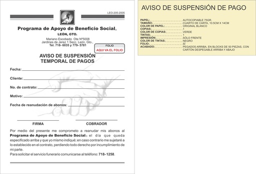 [LEO-205-0] AVISO DE SUSPENSION DE PAGO