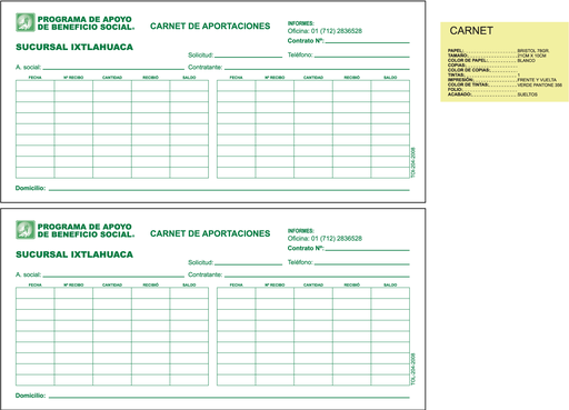 [TOL-204-0] TOL - CARNET DE PAGO IXTLAHUACA VERDE