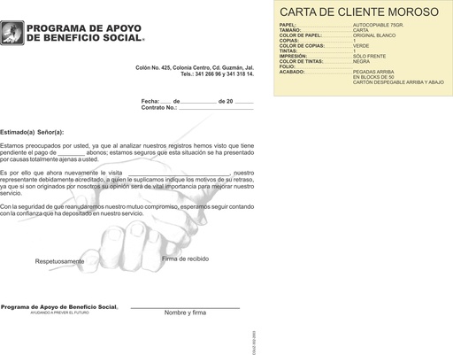 [CGUZ-302-0] CARTA CLIENTE MOROSO