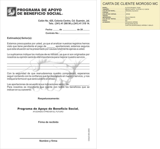 [CGUZ-303-0] CARTA CLIENTE MOROSO MEDIA CARTA