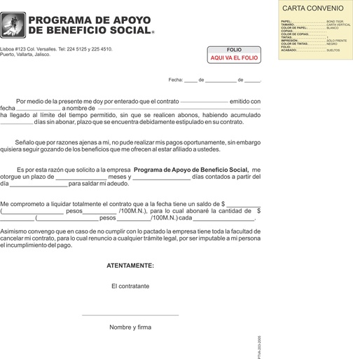 [PTVA-203-0] CARTA CONVENIO