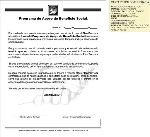 [MXL-303-0] CARTA RESPALDO FUNERARIA
