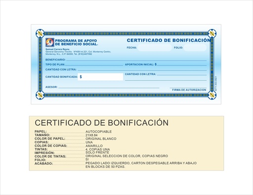 [SAL-301-0] CERTIFICADO DE BONIFICACION TINTA AZUL