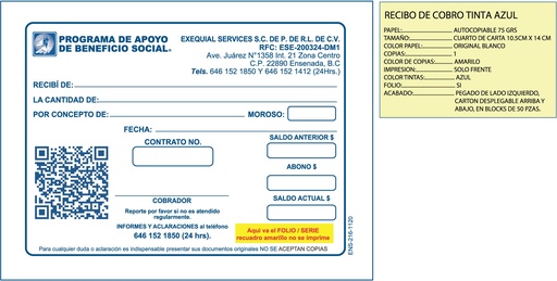 [ENS-216-0] RECIBO DE ABONO EXEQUIAL TINTA AZUL