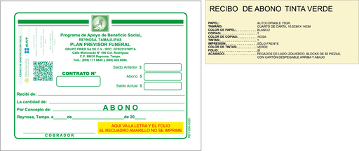 [REY-208-0] RECIBO DE ABONO PREMIUM GFR VERDE - ROSA