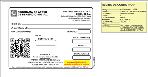 [TIJ-206-0] RECIBO DE COBRO PAAF DEL NORTE