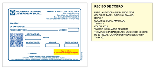 [TKT-202-0] RECIBO DE COBRO PAAF DEL NORTE TINTA AZUL