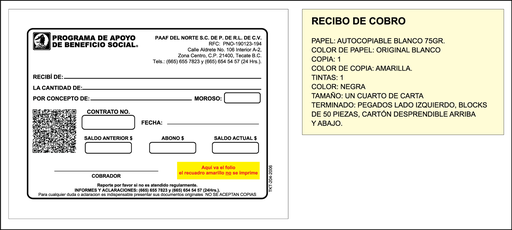 [TKT-204-0] RECIBO DE COBRO PAAF DEL NORTE TINTA NEGRA