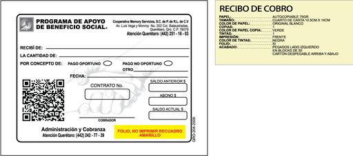 [QRO-204-0] RECIBO DE COBRO PREVISOR TINTA NEGRA