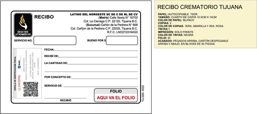 [TIJ-202-0] RECIBO DE CREMATORIO LATINO DEL NOROESTE