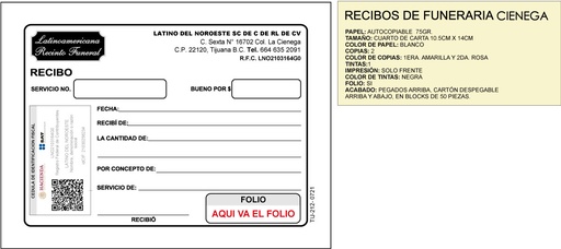 [TIJ-212-0] RECIBO DE FUNERARIA LATINO DEL NOROESTE