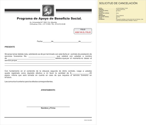 [CHIH-104-0] SOLICITUD DE CANCELACIÓN
