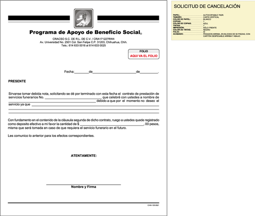 [CHIH-105-0] SOLICITUD DE CANCELACIÓN CRACSO